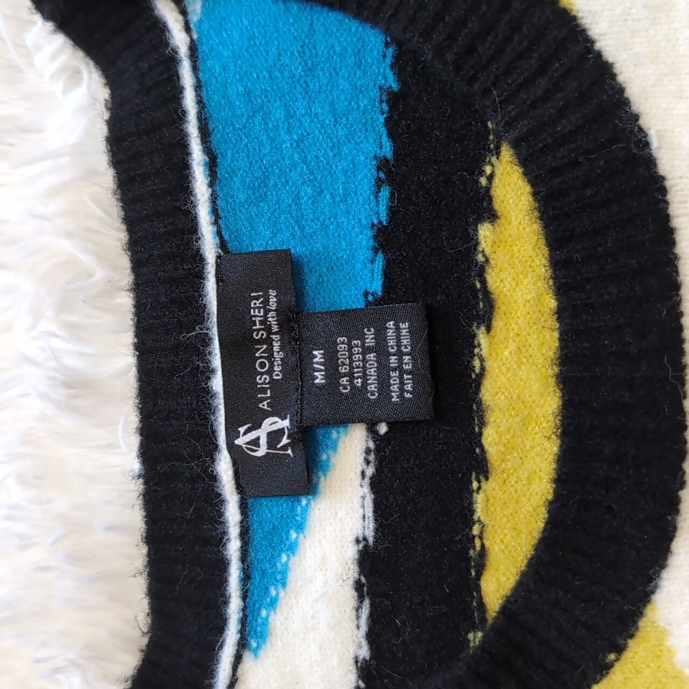 Alison Sheri Abstract Striped Acrylic Sweater Black/Blue/Lime/White Size Medium - Picture 7 of 10